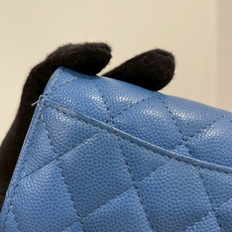 Chanel CF荔枝單層卡包 藍色金扣-5