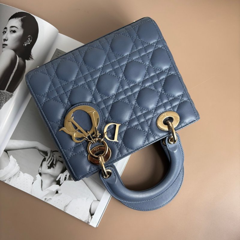 ::Christian Dior:: Lady Dior My ABCDior 紫藍羊皮5x4藤格紋淡金釦手提斜背黛妃包-0