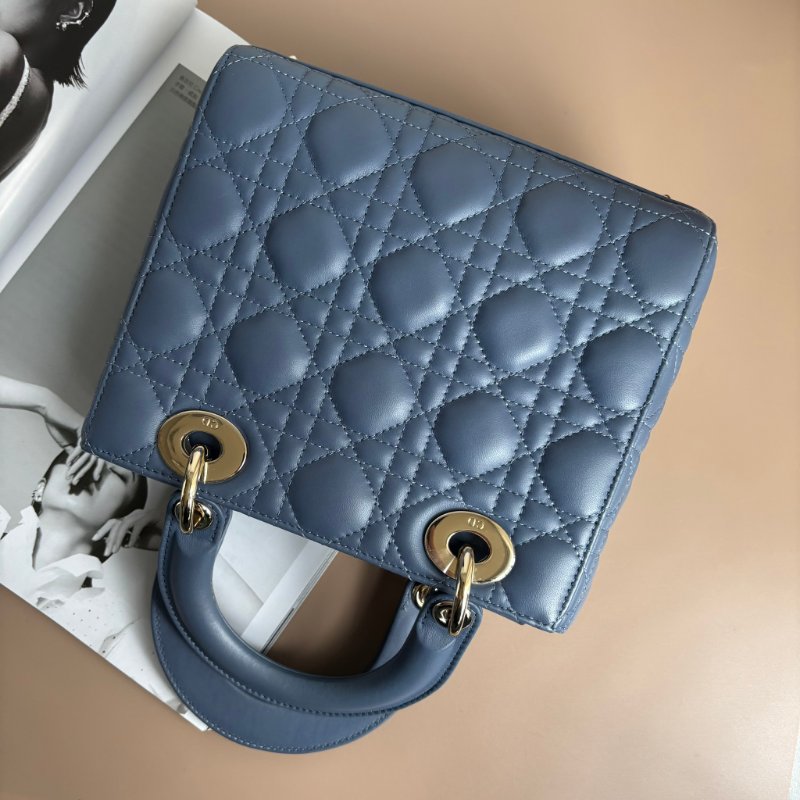 ::Christian Dior:: Lady Dior My ABCDior 紫藍羊皮5x4藤格紋淡金釦手提斜背黛妃包-1