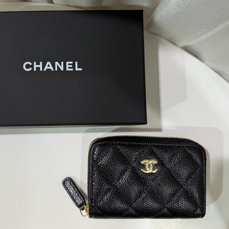 全新全配🖤 Chanel爆款ㄇ字經典拉鍊零錢包卡包荔枝牛黑金扣🤍-9