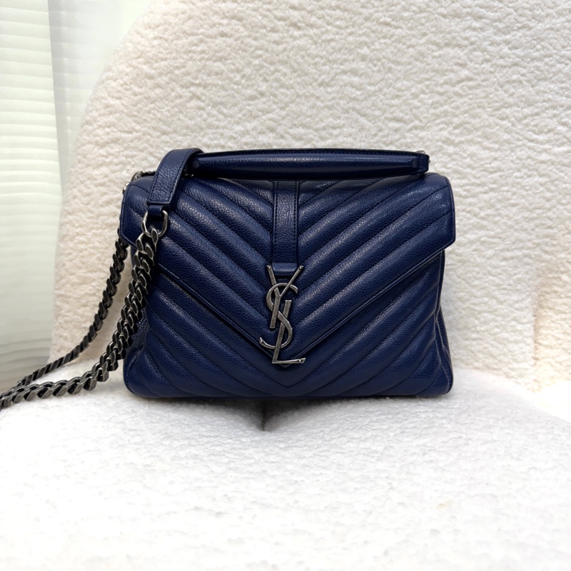 YSL藍色牛皮霧銀釦V型紋學院包428056-10