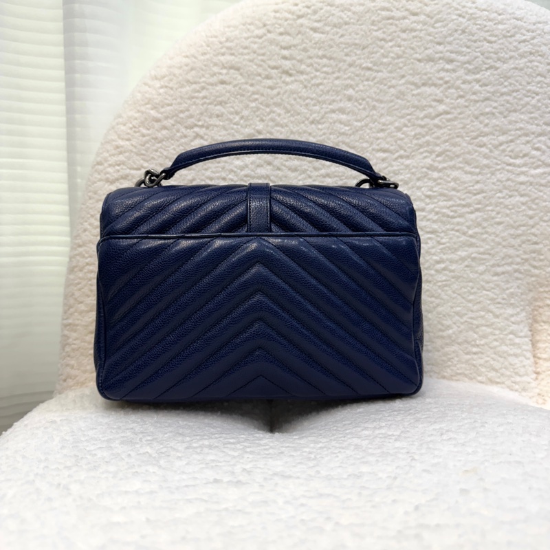 YSL藍色牛皮霧銀釦V型紋學院包428056-11