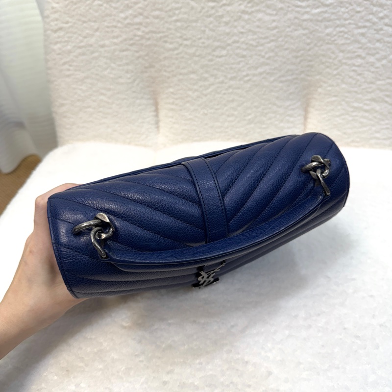 YSL藍色牛皮霧銀釦V型紋學院包428056-15