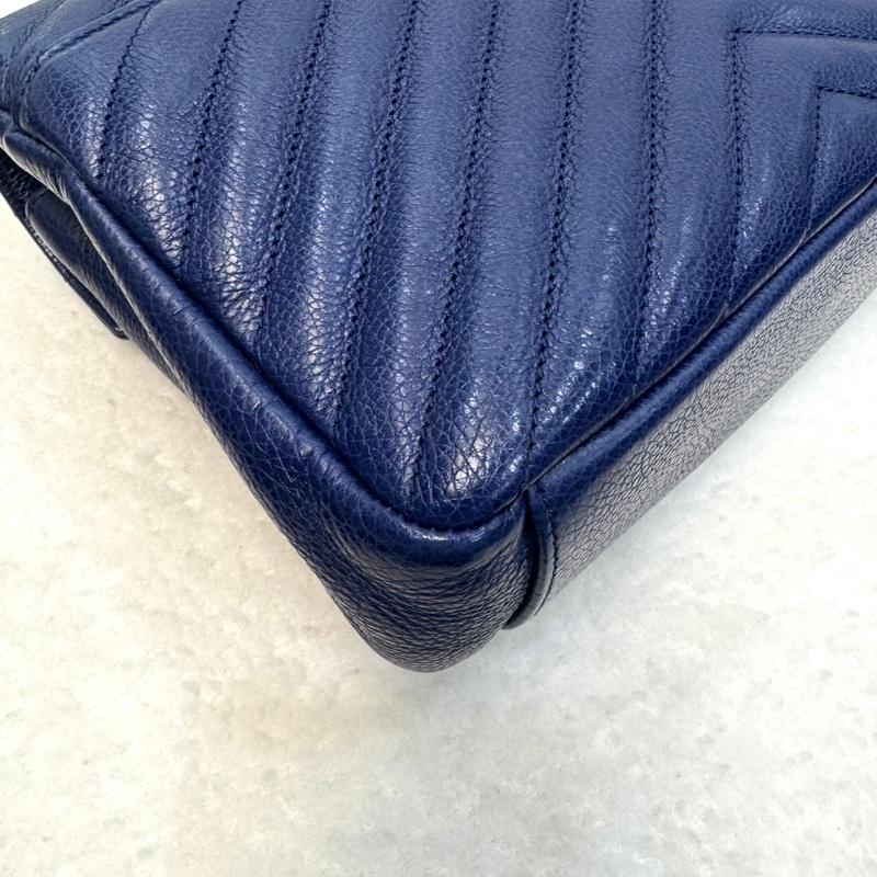 YSL藍色牛皮霧銀釦V型紋學院包428056-25