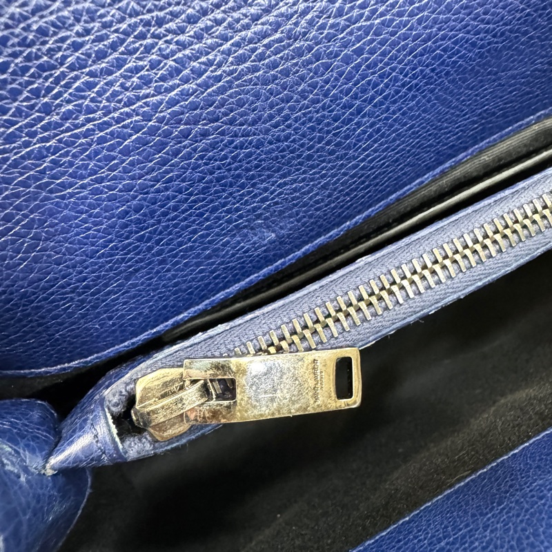 YSL藍色牛皮霧銀釦V型紋學院包428056-26