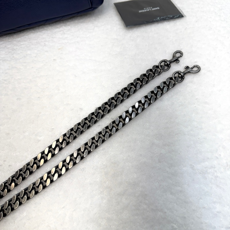 YSL藍色牛皮霧銀釦V型紋學院包428056-30