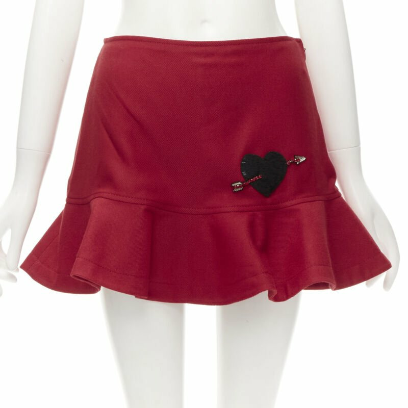 VALENTINO black beaded heart badge red twill flared frill shorts IT38 XS-0