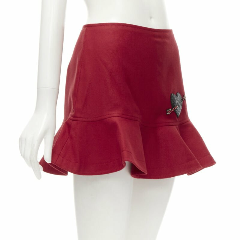 VALENTINO black beaded heart badge red twill flared frill shorts IT38 XS-2