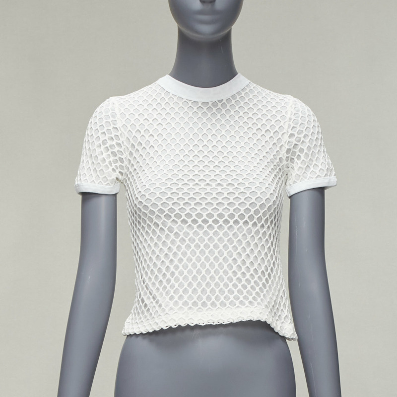 T ALEXANDER WANG white cotton net overlay crew neck fitted top XS-0