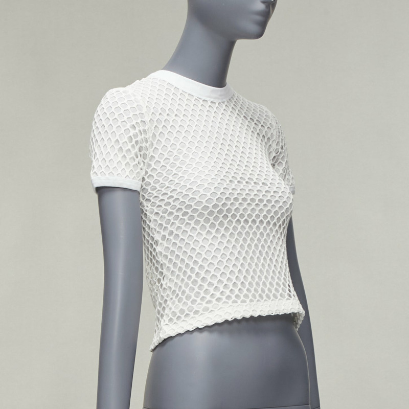 T ALEXANDER WANG white cotton net overlay crew neck fitted top XS-2