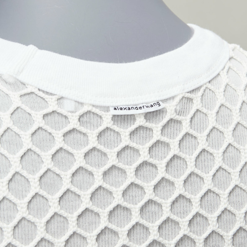 T ALEXANDER WANG white cotton net overlay crew neck fitted top XS-7