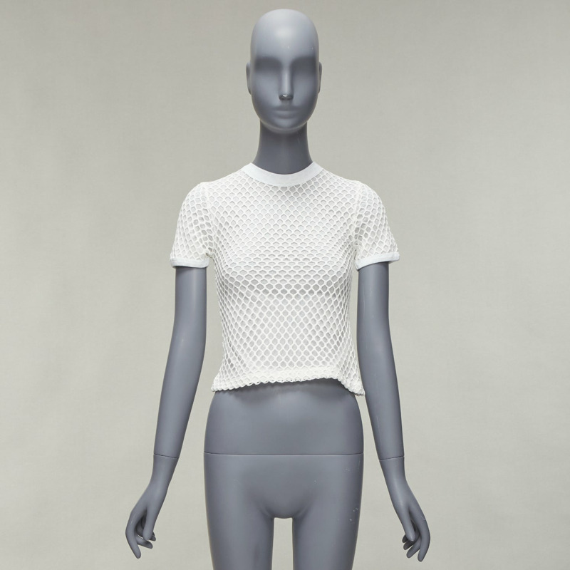 T ALEXANDER WANG white cotton net overlay crew neck fitted top XS-9