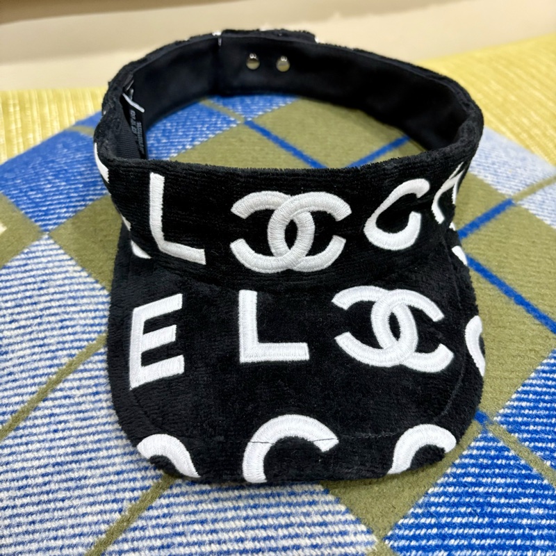 Chanel 沙灘系列 黑白CHANEL字樣毛巾布遮陽帽-2
