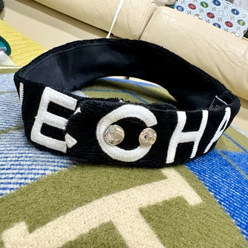 Chanel 沙灘系列 黑白CHANEL字樣毛巾布遮陽帽-7