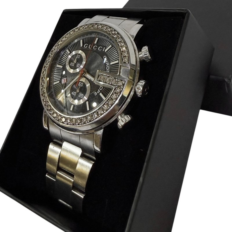 【美收精品】GUCCI 鑽石黑色錶盤手錶 2-147-1