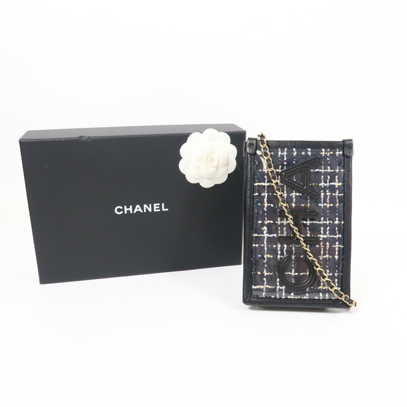 CHANEL PVC/牛皮皮革Tweed PVC Pouch金扣鏈帶肩背袋-8