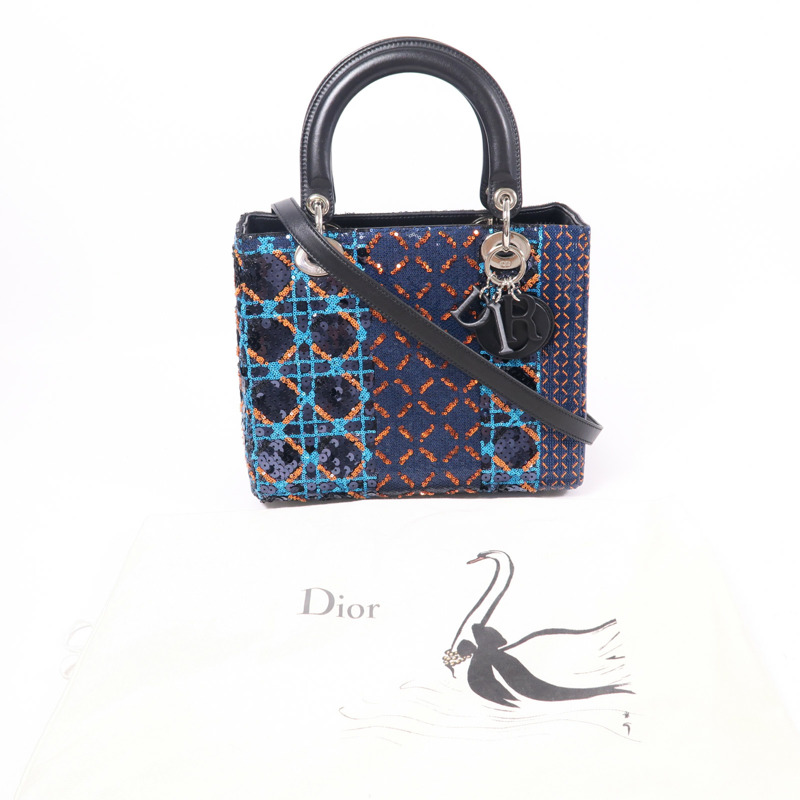 Dior 珠片/羊皮皮革Lady Dior Medium銀扣手挽肩背兩用袋-9