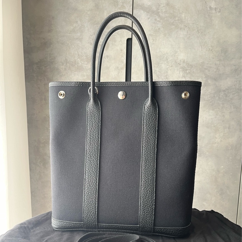 愛馬仕Garden File，黑色皮配帆布，銀釦，大全配-0