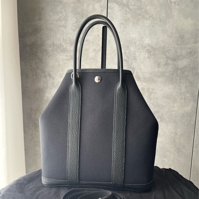 愛馬仕Garden File，黑色皮配帆布，銀釦，大全配-1