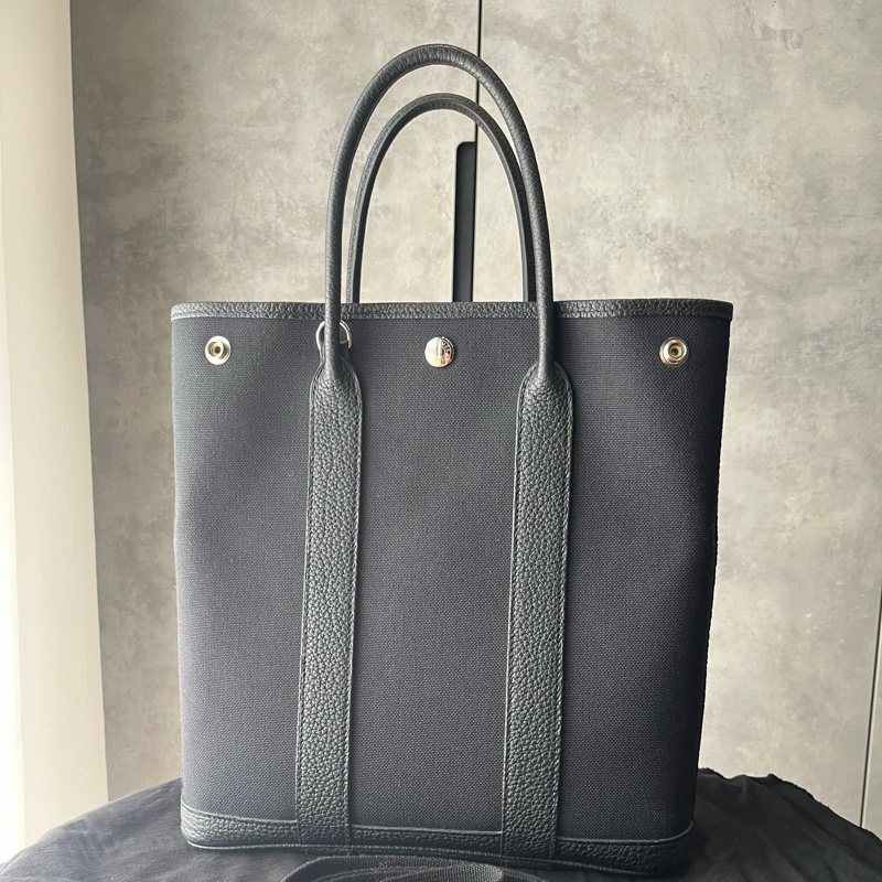 愛馬仕Garden File，黑色皮配帆布，銀釦，大全配-5