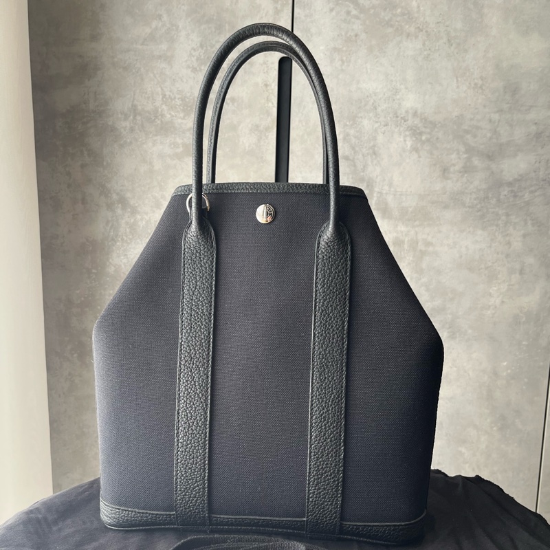 愛馬仕Garden File，黑色皮配帆布，銀釦，大全配-6