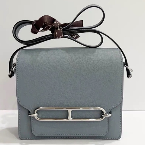 Hermes 愛馬仕 亞麻藍銀扣 roulis 19豬鼻子 斜挎包 U刻 配塵袋