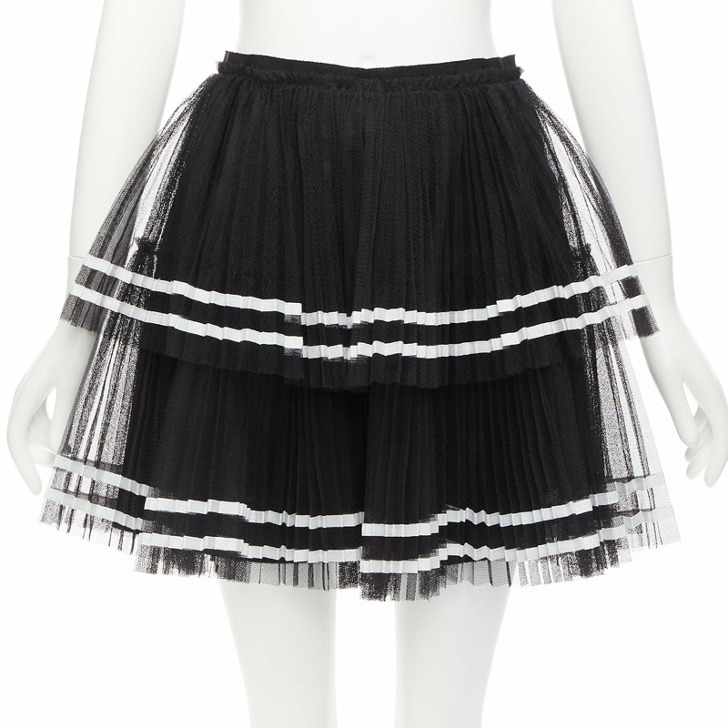 RED VALENTINO 2022 black tiered white stripe tulle pleated mini skirt IT38 XS-0