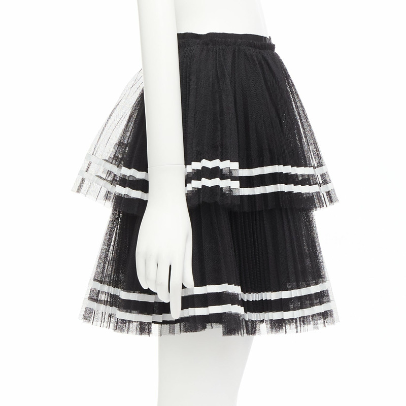 RED VALENTINO 2022 black tiered white stripe tulle pleated mini skirt IT38 XS-3