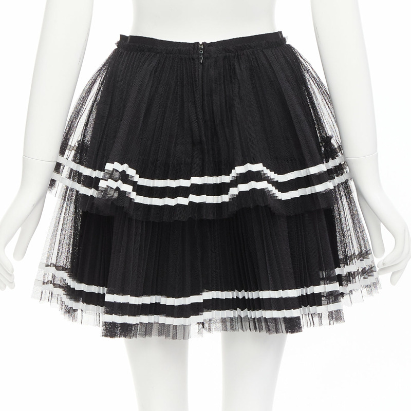 RED VALENTINO 2022 black tiered white stripe tulle pleated mini skirt IT38 XS-4