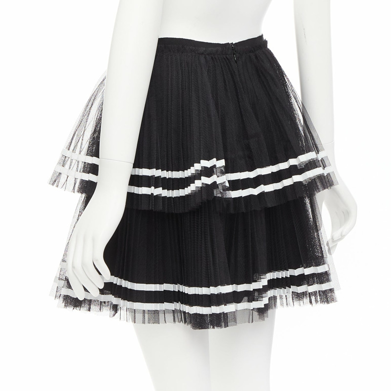 RED VALENTINO 2022 black tiered white stripe tulle pleated mini skirt IT38 XS-5