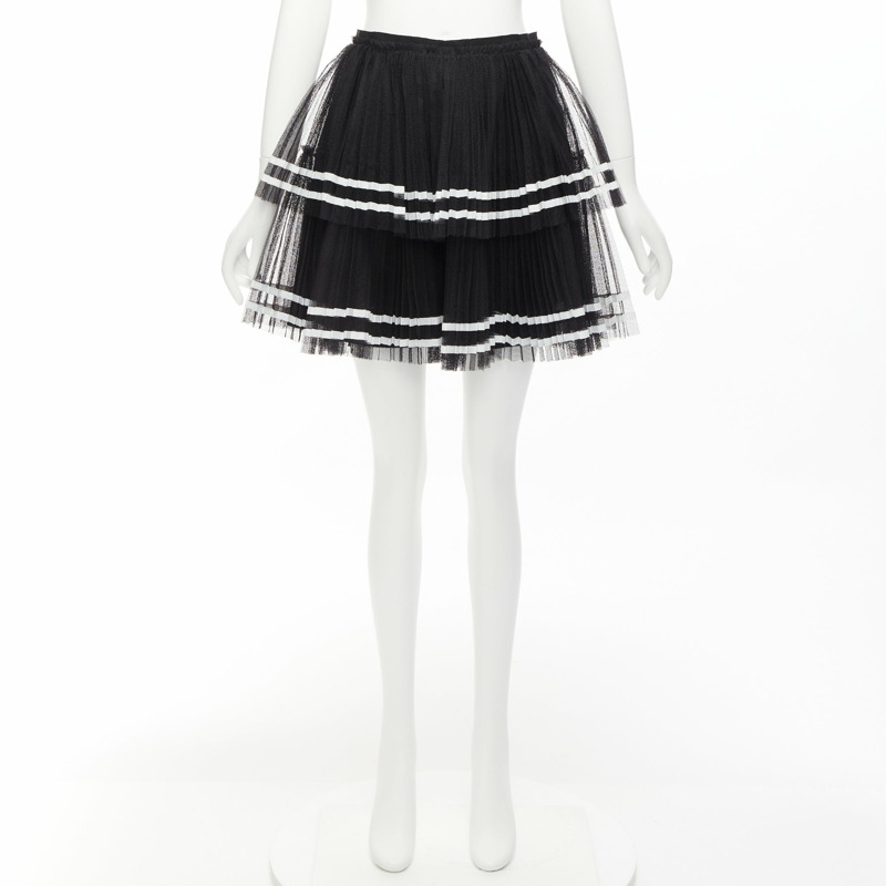RED VALENTINO 2022 black tiered white stripe tulle pleated mini skirt IT38 XS-8