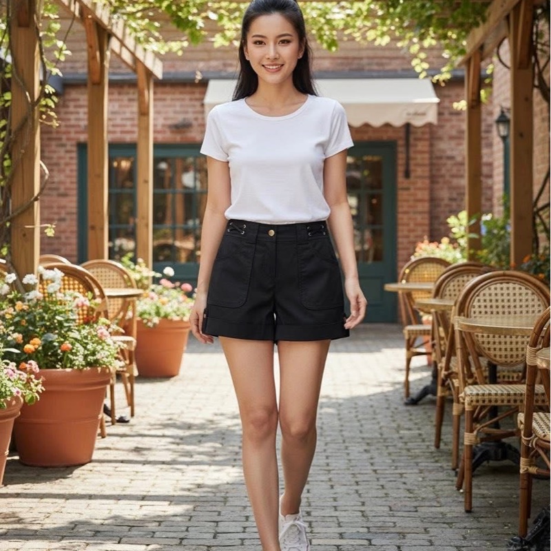 美國TORY BURCH 交叉金扣反褶短褲-9