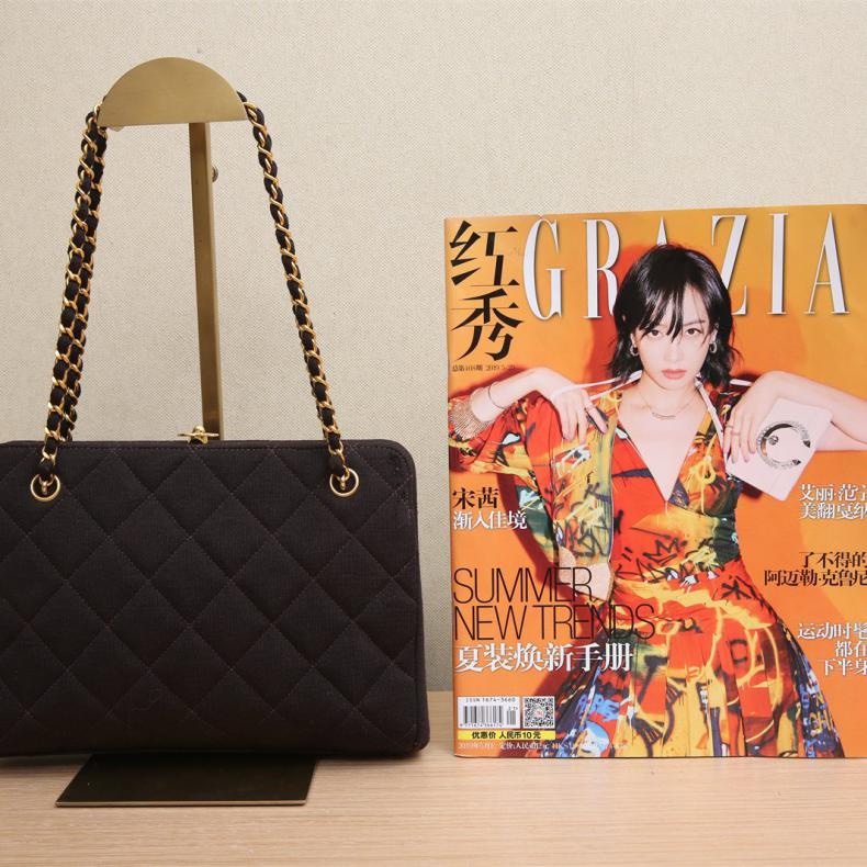 CHANEL(香奈兒) 中古 布面書包扣腋下包 淺咖色 4開-2
