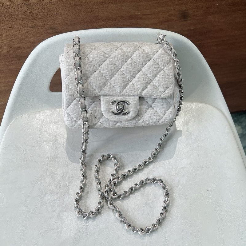 Chanel Mini Square 17 香奈兒 方胖子 荔枝牛皮 象牙白銀扣-0