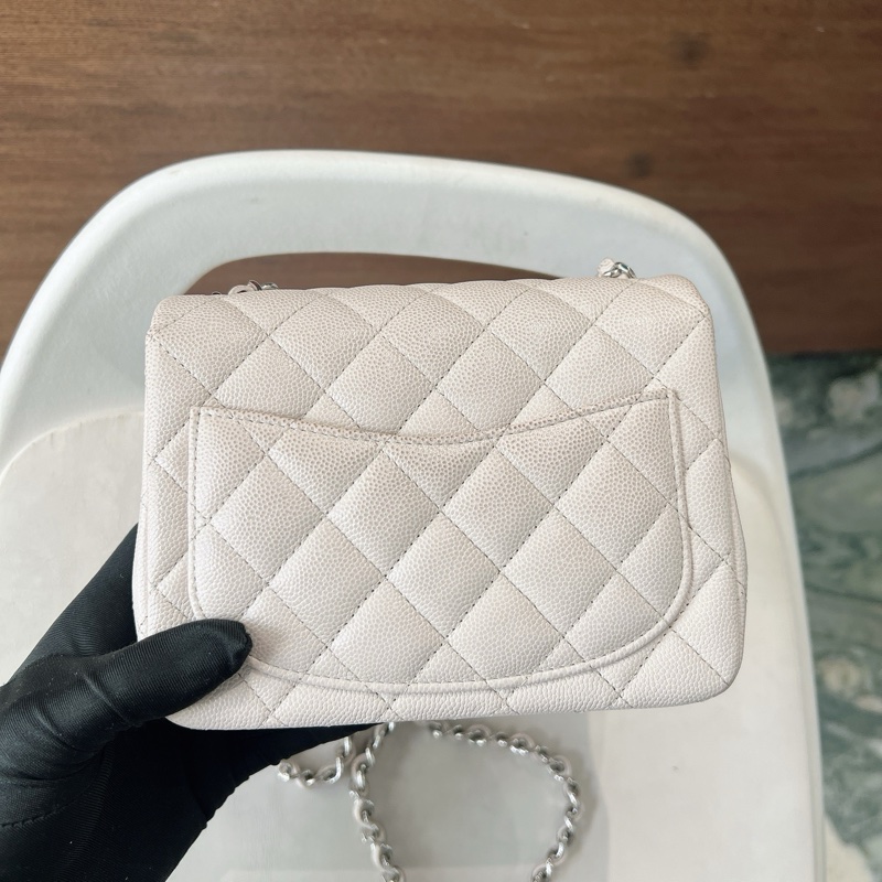 Chanel Mini Square 17 香奈兒 方胖子 荔枝牛皮 象牙白銀扣-1