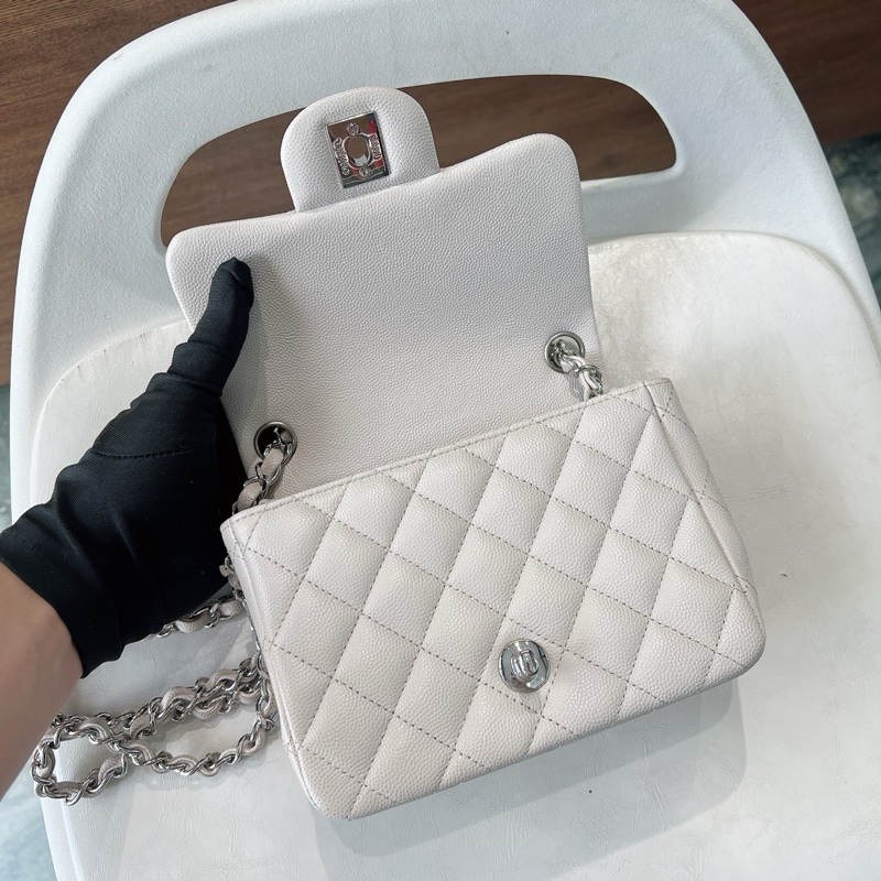 Chanel Mini Square 17 香奈兒 方胖子 荔枝牛皮 象牙白銀扣-6