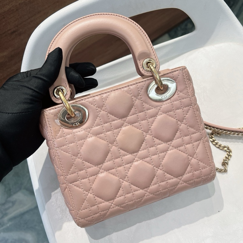 Lady Dior 藕粉色羊皮三格金扣mini-2
