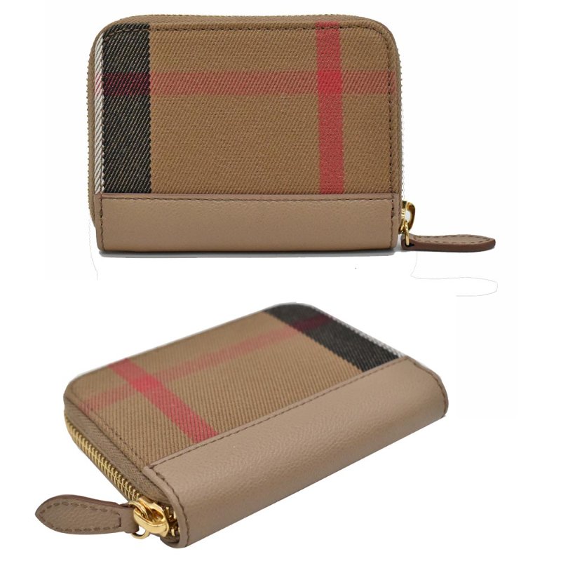 【門市全新現貨】BURBERRY 帆布拚牛皮格紋拉鍊零錢卡夾(附原廠防塵袋)-0