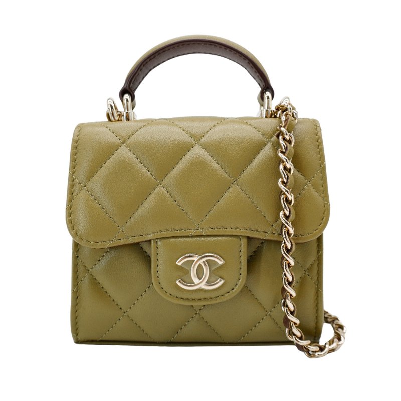 Chanel 金雙C菱格羊皮拚色迷你斜背二用包(AP2682-草綠)-0