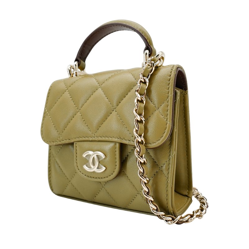 Chanel 金雙C菱格羊皮拚色迷你斜背二用包(AP2682-草綠)-1