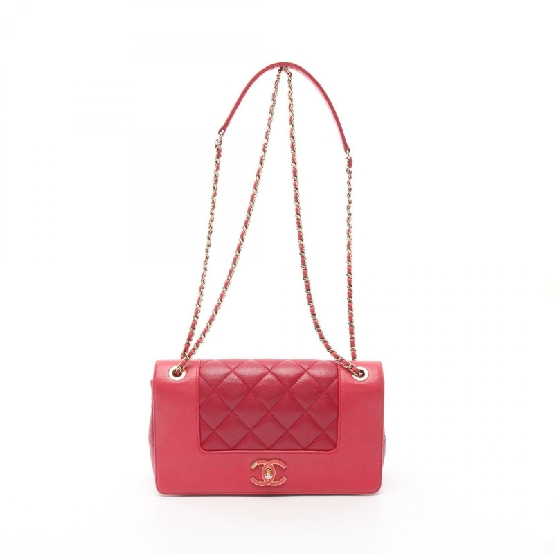 CHANEL Mademoiselle Matelasse W 翻蓋單肩包 A93084 皮革粉紅二手女款-0