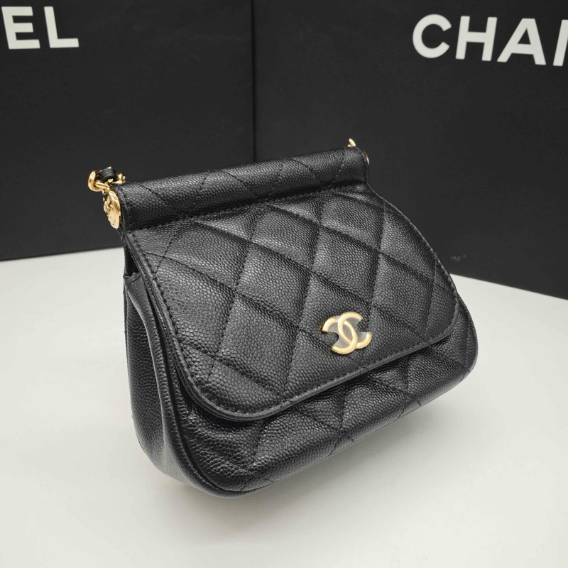 全新 CHANEL 芯片款 黑金荔枝紋貝殼包-3