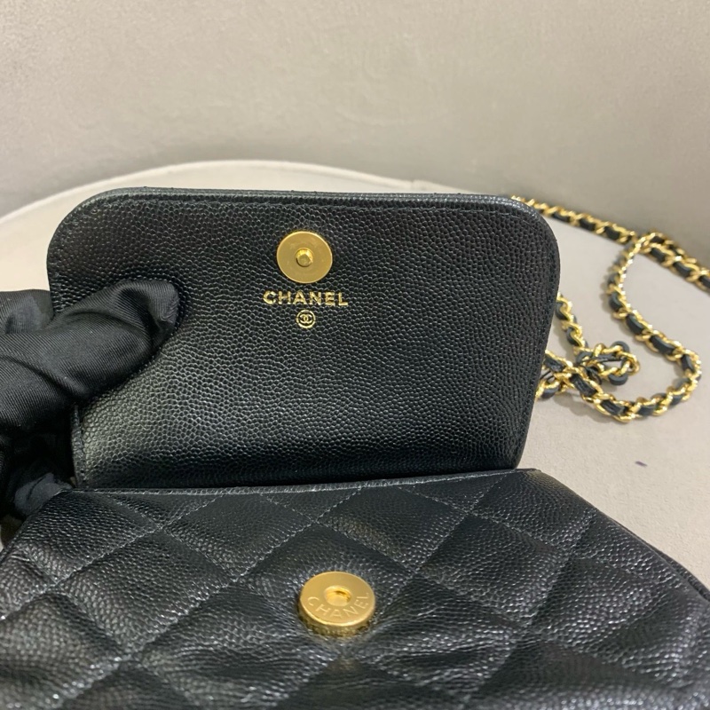 全新 CHANEL 芯片款 黑金荔枝紋貝殼包-15
