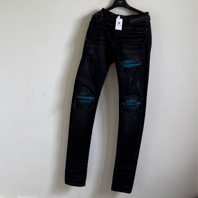 Amiri 破壞拼皮牛仔褲-0
