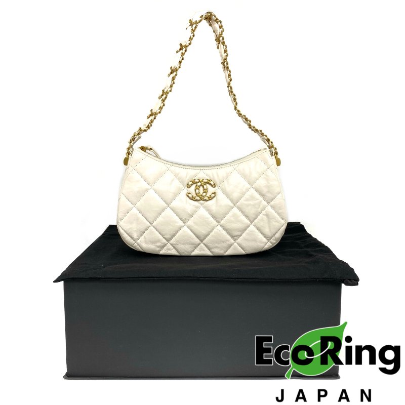 △ Chanel 香奈兒 Hobo White Calfskin Gold Tone Metal Chain Shoulder Bag AS4422 白色小牛皮金色金屬鏈條肩背袋 AS4422 -257009469-0