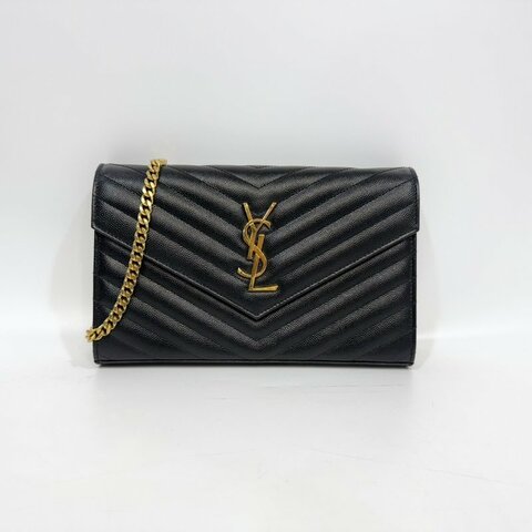 聖羅蘭信封包YSL黑金荔紋牛皮V型紋下蓋20卡WOC斜背包377828