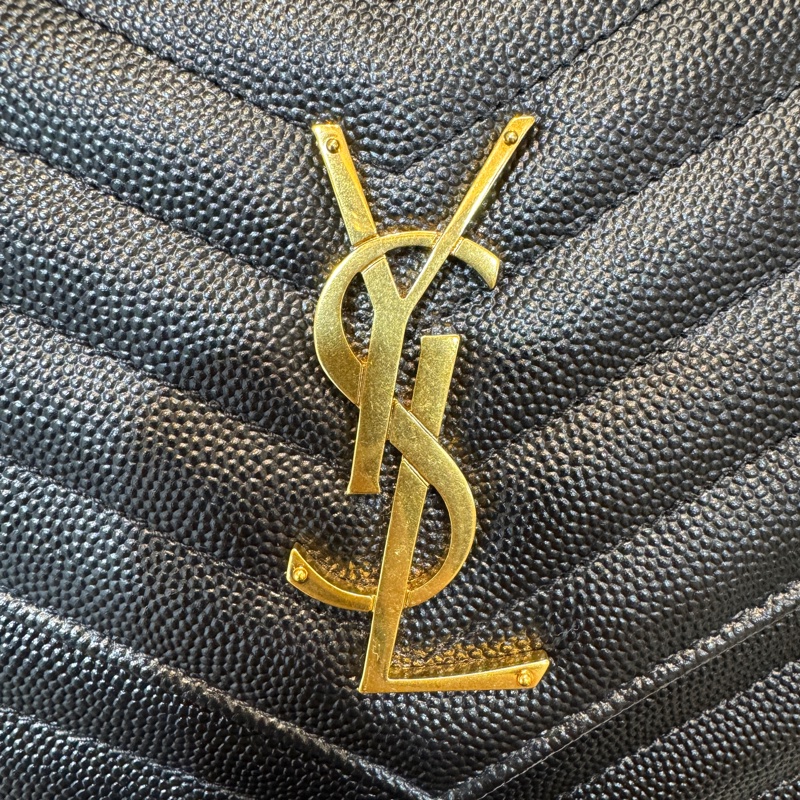 聖羅蘭信封包YSL黑金荔紋牛皮V型紋下蓋20卡WOC斜背包377828-12
