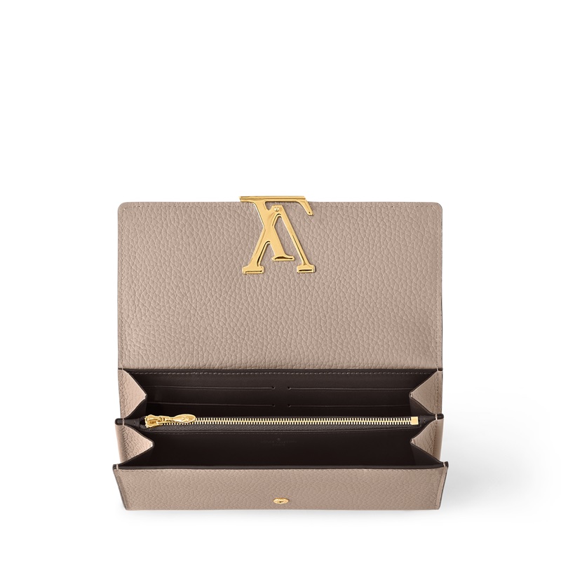 LouisVuitton路易威登LV卵石色Taurillon牛皮Capucines下蓋長夾金釦錢包M61249-2