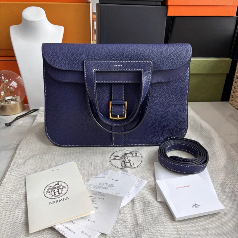 99新有購証💓 愛馬仕Hermes M3水墨藍金扣Halzan 31, C刻，tc皮，19年票-0