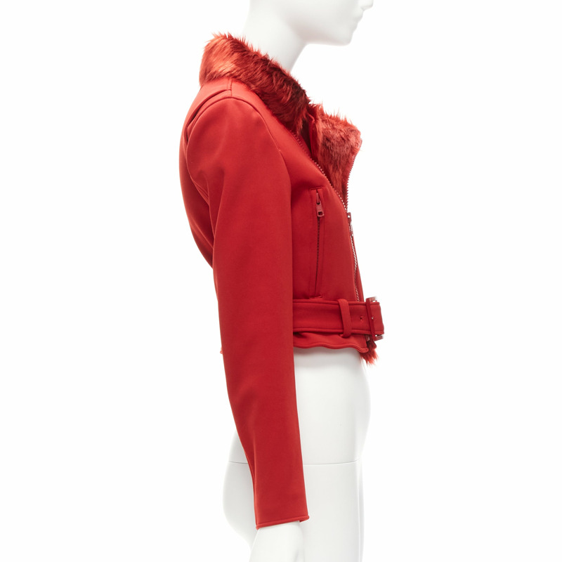 YOHJI YAMAMOTO red faux fur collar 3 stripes belted cropped biker jacket S-4